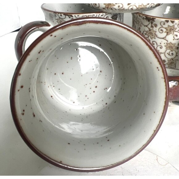 Set Of 6 Chintz Calico Ceramic Coffee Mugs Brown & White Earthtone Floral Speckl - Picture 3 of 7